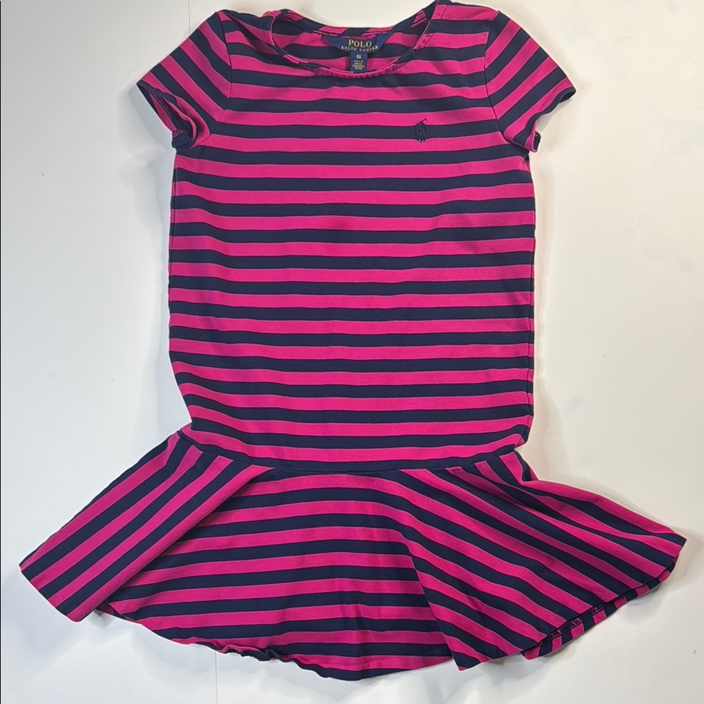 Polo by Ralph Lauren Girls'‎ Magenta Pink and Navy Blue Fit and Flare Dress 6x